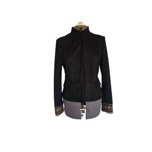 Zara Basic Black Faux Suede Jacket W/ Beaded Embellished Cuffs Hook & Eye Closur